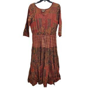 Vintage Blue Women's 80s Mixed Media Country Farmhouse Boho Full Dress Size 9/10